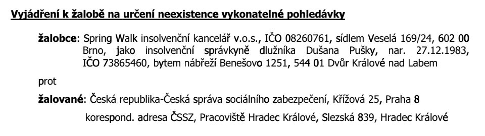 Výřez stránky: Vyjádření ČSSZ ve sporu 15 ICm 373/2023, insolvenční rejstřík
