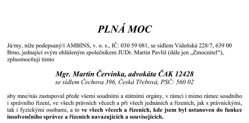 Výřez stránky: Plná moc insolvenčního správce, insolvenční rejstřík